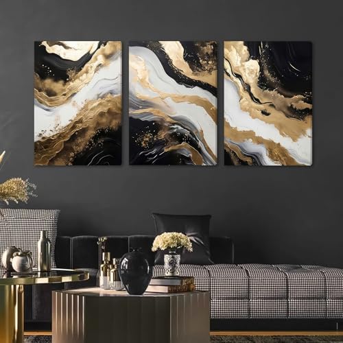 EJPFOGV Triptych Black White Gold Wrapped Canvas Wall Art 16x24 inches x3 - Image 4
