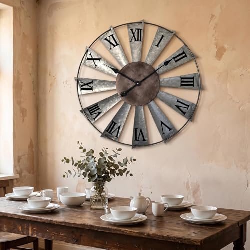 Mrocioa Windmill Distressed Metal Wall Clocks Rustic Large Decorative Clock - Image 3