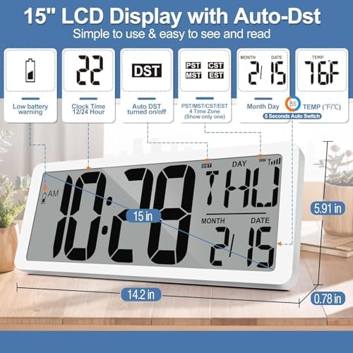 Atomic Clock with Backlight 15.0" Digital Wall Clock Battery Operated Atomic - Image 5