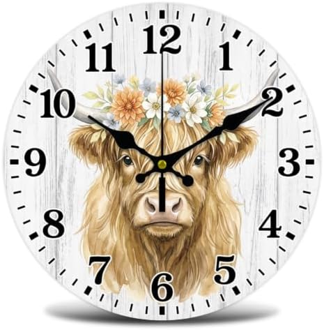 Highland Cattle Wall Clock Silent Non-Ticking 12" by WHIMSTITCH