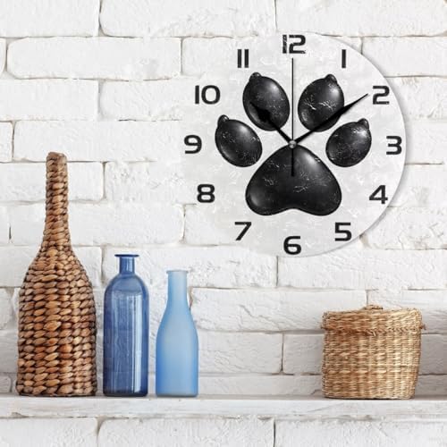 ABLINK Black Cute Dog Paw Round Wall Clock, Silent Non Ticking Oil Painting - Image 3