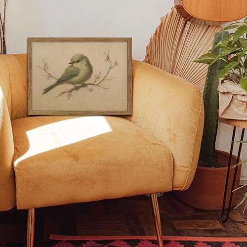 Framed Vintage Bird Canvas Wall Art, Cute Rustic Bird on Peach Blossom Print - Image 2