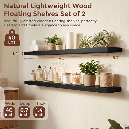 fuqing 40 Inch Floating Shelves, 6.7 Inch Deep Black Wall Shelves Set of 2 - Image 3