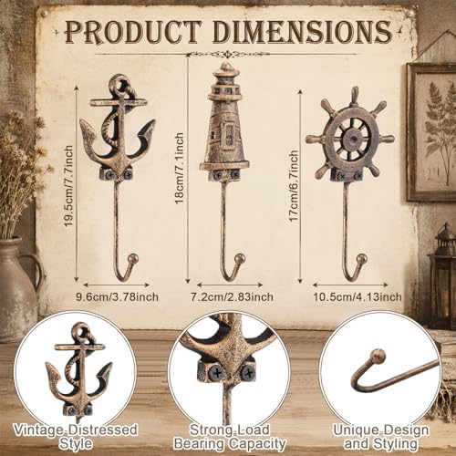 Hicarer 3 Pcs Nautical Cast Iron Wall Hooks - Image 2