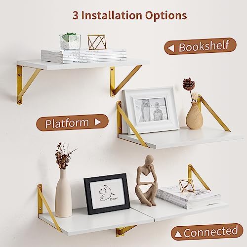 Axeman Deep Floating Shelves for Wall, 12 Inch Deep White and Gold Shelves Set - Image 5