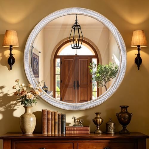 30 Inch Wooden Round Mirror for Wall Decor, Rustic Distressed Mirrors - Image 4