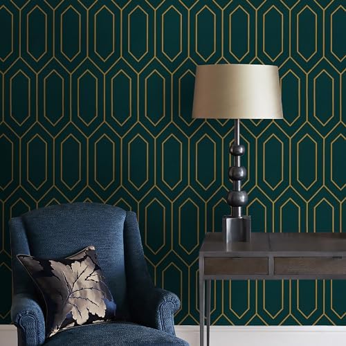 Safiyya Geometric Peel and Stick Wallpaper Gold and Dark Teal Contact Paper - Image 4