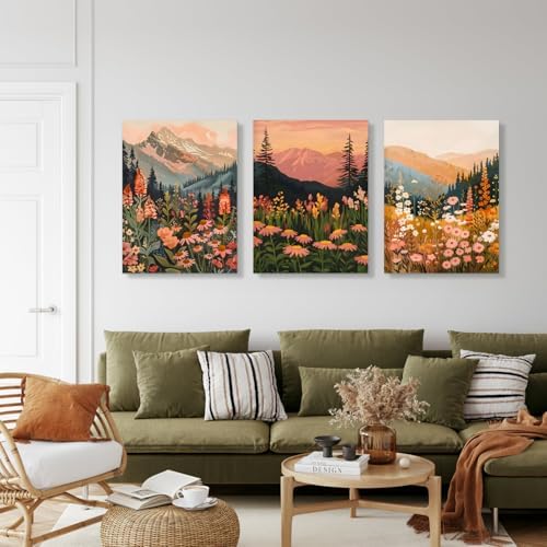 IAFWZX Wrapped Canvas Boho Mountain Wildflower Wall Art Set of 3, 12x16 in - Image 3