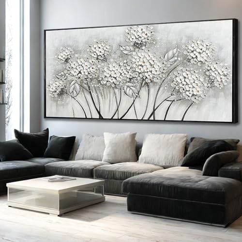 Kureful Grey and White Hand Painted Wall Art Flower Canvas Artwork Contemporary by Kureful