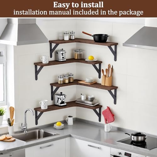 Corner Floating Shelves Set of 5, Rustic Wood Shelves, Dark Brown - Image 6