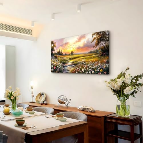 crmotu Nature Landscape Wall Art, Sunset Wildflowers Pictures 20X40 In - Image 4