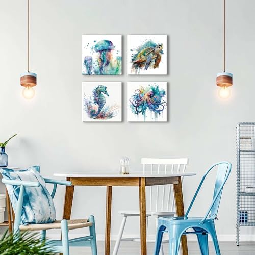 Sea Turtle Bathroom Decor Ocean Animals Canvas Prints Teal Octopus Wall Art - Image 5