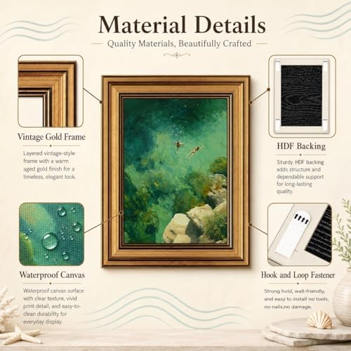 Gold Framed Wall Art, Swimming in Green Abstract Canvas Prints – Vintage - Image 4