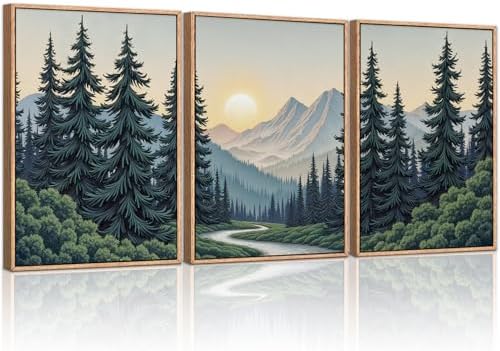 HLNIUC Mountain Forest Sun Framed Wall Art, Large Boho Pine Tree Canvas Wall by HLNIUC