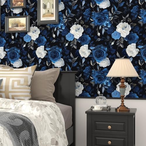 BOKEBEVE Dark Floral Wallpaper Peel and Stick Vintage Blue 17.5 x 393.5In - Image 6