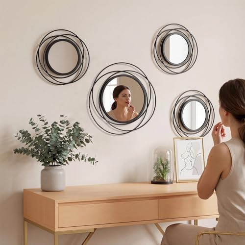 4 Piece Gold Round Wall Mirror Set Modern Metal Circles - Image 2