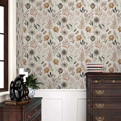 REDAMANCY Vintage Boho Wildflower Yellow Grey Flowers Peel and Stick Wallpaper - Image 2