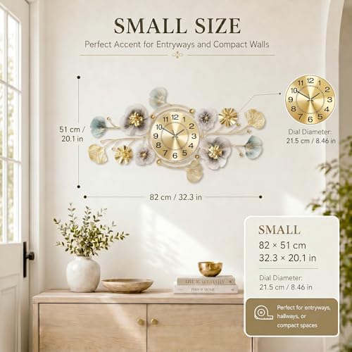 33" 3D Ginkgo Wall Clock with Sculpted Metal Leaves - Image 3