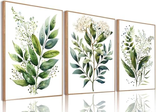 Green Botanical Leaf Framed Wall Art Set of 3, 12x16 inch by Bwodke