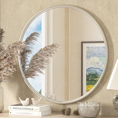 TETOTE Brushed Nickel Mirror 30 inch Round Mirror by TETOTE