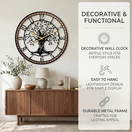 24" Tree of Life Wood and Metal Wall Clock, Rustic Decor - Image 6