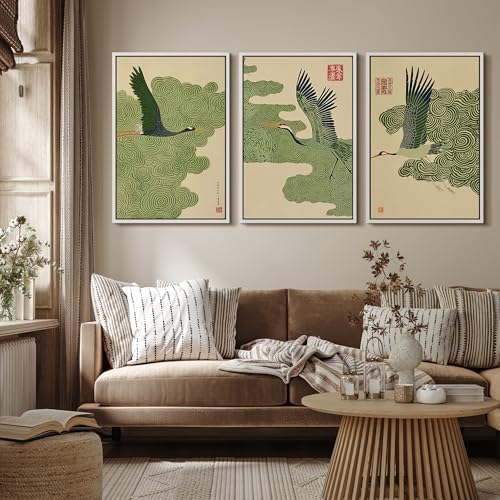 MUDECOR Framed Canvas Print Wall Art Japanese Crane and Cloud Traditional Green - Image 4