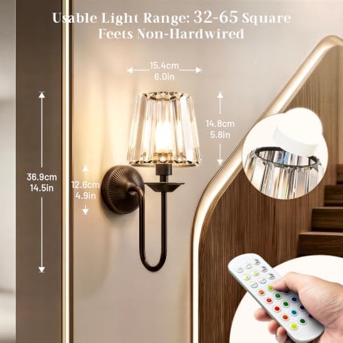 Black Battery Operated Wall Sconces Set of Two, Crystal Wireless Rechargeable - Image 6