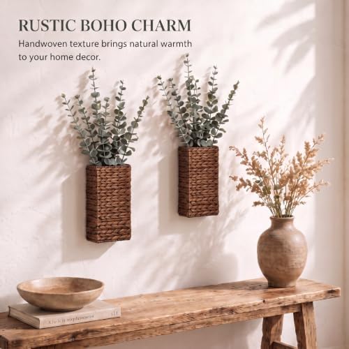 2 Pack Woven Wall Vases with Artificial Eucalyptus, Hanging Wall Planters - Image 3