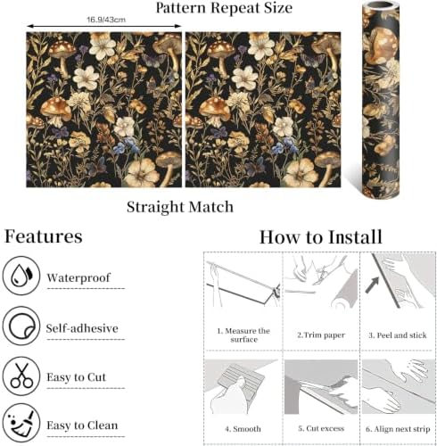 Froluya Mushroom Wallpaper Peel and Stick Dark Contact Paper 16.9” x 118.1” - Image 4