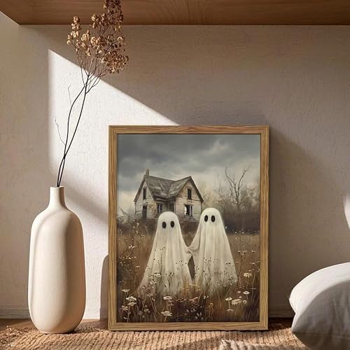 Framed Vintage Halloween Ghost Wall Art, Cute Two Ghost Holding Hands Canvas - Image 2
