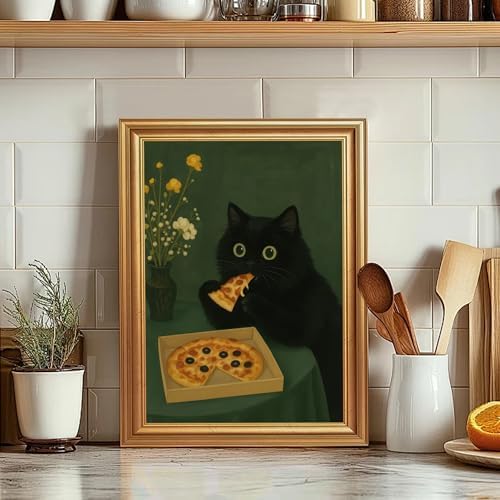 ICHZUMW Gold Framed Funny Black Cat Eating Pizza Canvas Wall Art, 16x24 In - Image 4