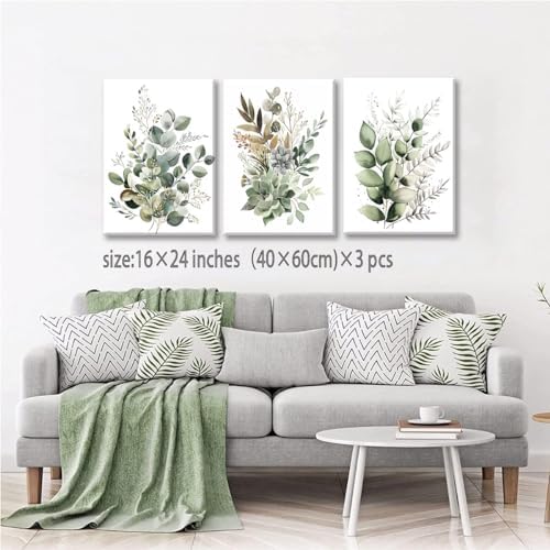 Bwodke Sage Green Botanical Canvas Wall Art Set of 3, 16x24 inch - Image 3