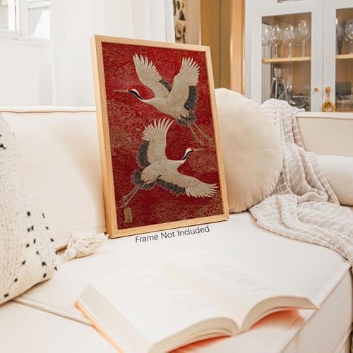 Retro Japanese Canvas Wall Art Funny Oriental Crane Posters Red And Gold Bird - Image 3