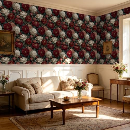 BOKEBEVE Vibrant Red Floral Peel and Stick Wallpaper Vintage 17.5 x 118In - Image 5