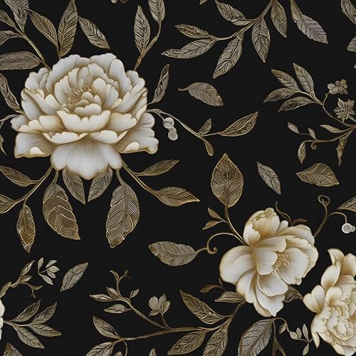 Laatse Dark Golden White Peony Floral Wallpaper Peel and Stick 17.5"x118" by Laatse
