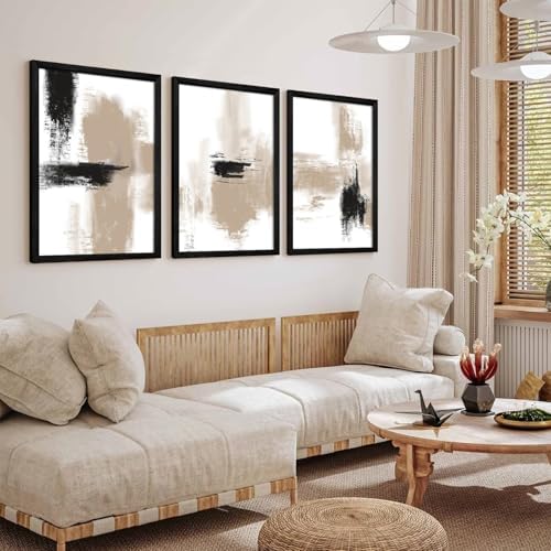 Beige Abstract Wall Art Painting Set of 3 Neutral Canvas Wall Art Prints Black - Image 7
