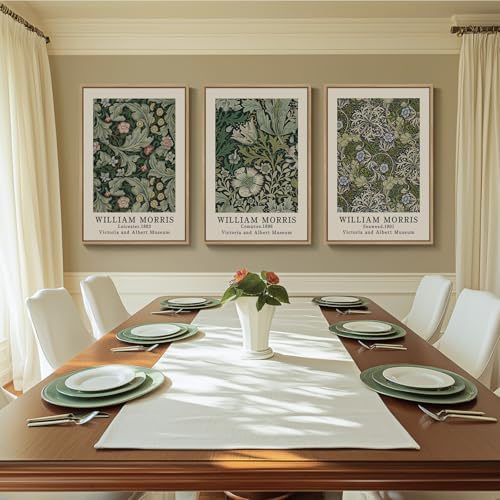 Framed William Morris Green Floral Canvas Wall Art Set of 3, 16x24 In - Image 7