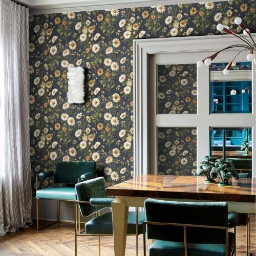 Livebor Dark Daisy Floral Wallpaper Peel and Stick Wallpaper16.9in x196.8in - Image 3