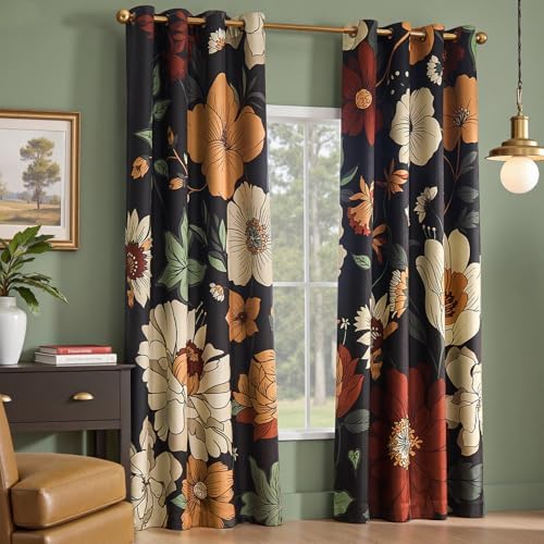 jinchan Black Boho Floral Blackout Curtains 90 Inch Grommet 2 Panels - Image 3
