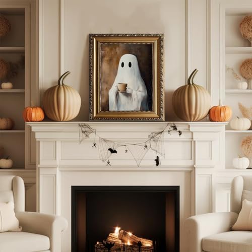 uniro Vintage Gold Framed Wall Art, Vintage Ghost Drinking Coffee Halloween - Image 3