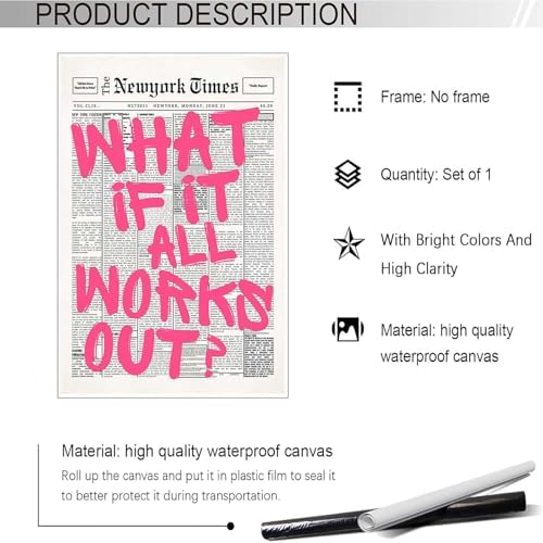 Drimiler Retro Newspaper Pink Font Poster What If It All Works Out Canvas Wall - Image 2