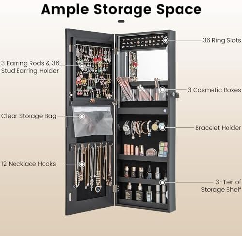 CHARMAID LED Mirror Jewelry Cabinet, Lockable Jewelry Armoire - Image 2