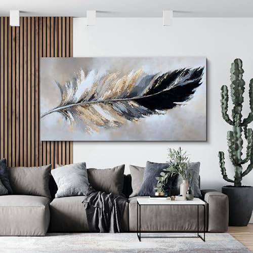 YISXINOAG Black Gold Abstract Wall Art Minimalist Feather Canvas 29"X58" - Image 4