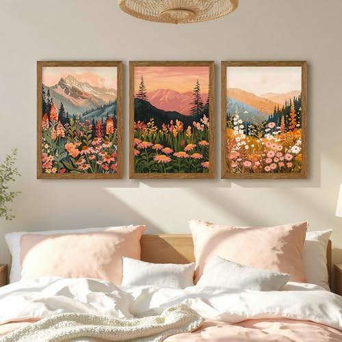 3 Piece Wildflower Mountain Wall Art Colorful Landscape Canvas Art 16x24in - Image 3
