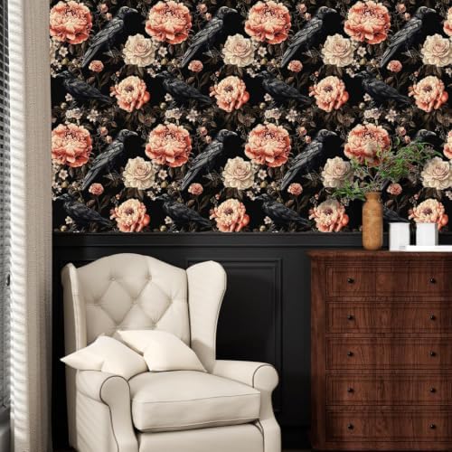 ILHIIOR Black Crow Floral Peel and Stick Wallpaper 17.5 x 393 Inches - Image 3