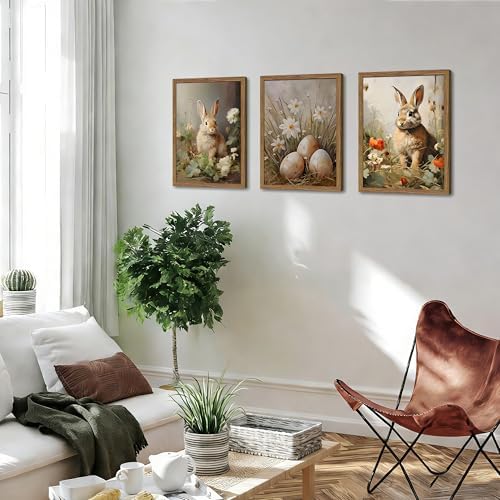 Vintage Easter Bunny Wall Art Set of 3, Spring Easter Rabbit Eggs Canvas Wall - Image 6
