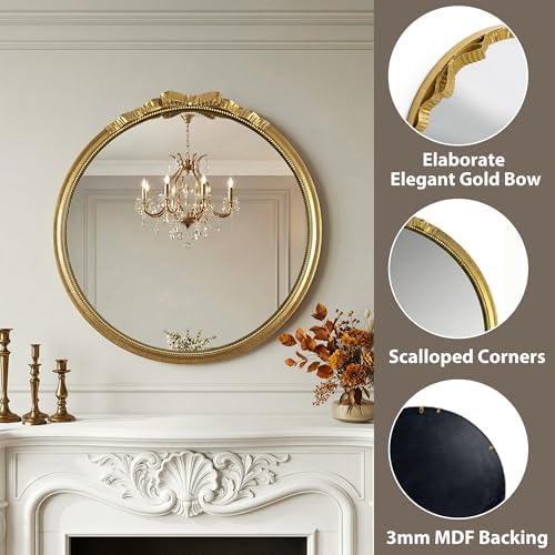 Gold Round Bow Mirror French Baroque Metal Frame Room Wall Decor 28" - Image 4
