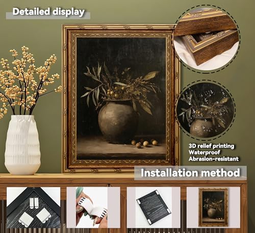 xikafou 3D Textured Canvas Wall Art, Vintage Carved Gold Frame, Rustic Olive - Image 4