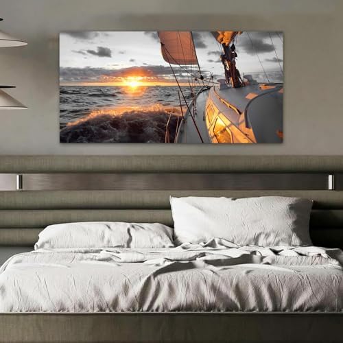 Yxbhhym Coastal Wall Art Black and White Sunset Boat Beach Painting Large - Image 6