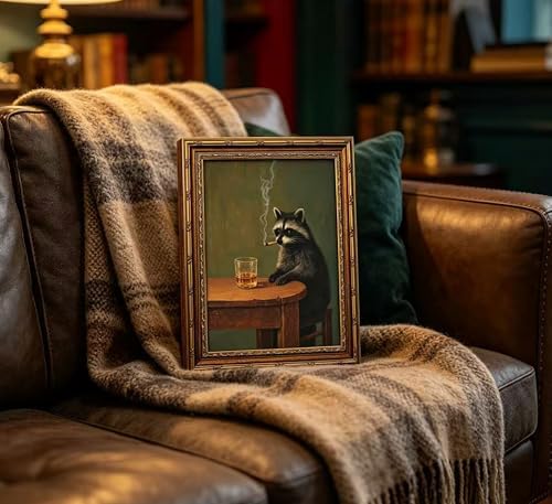 Vintage Gold Framed Smoking Raccoon Wall Art, Moody Dark Funny Animal Whiskey - Image 2